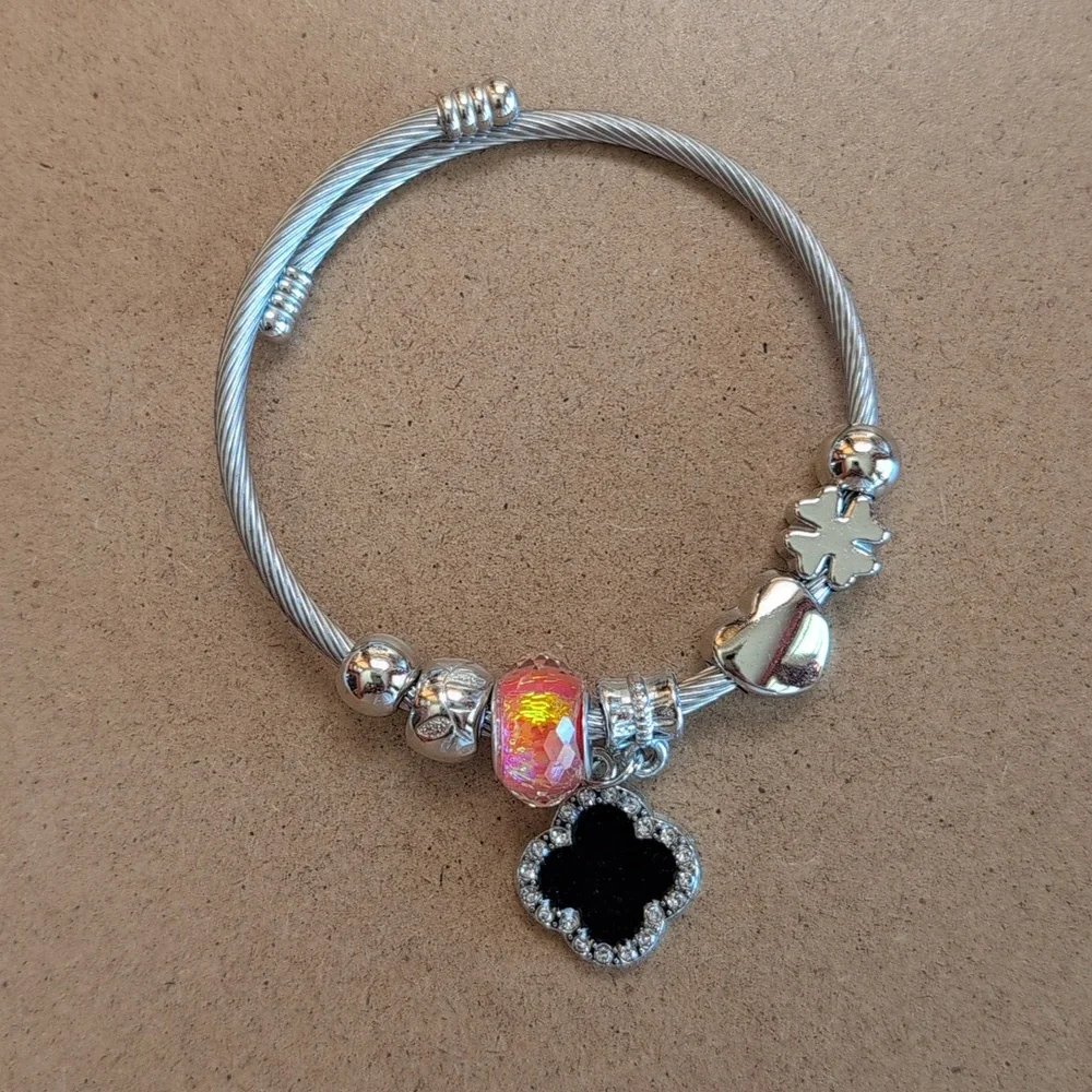 Stainless Steel Chic Silver and Black Charm Bracelet
